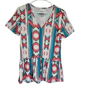 Crazy Train Serendipity Coral & Turquoise Southwestern Aztec Top - S - Ruffles